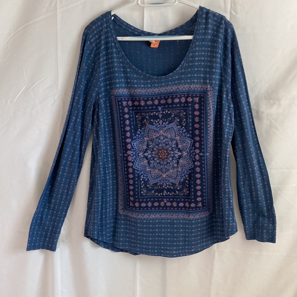 Lucky Brand Long Sleeve Top Blue Geometric XL Comfy & Colorful